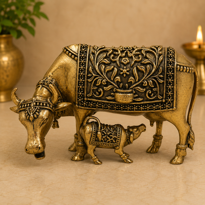 Handcrafted Brass Kamadhenu Idol – Surabhi Cow (Gau Mata) Murti, Handcrafted Divine Cow for Puja, Home &amp; Temple Décor 2.5 Inch