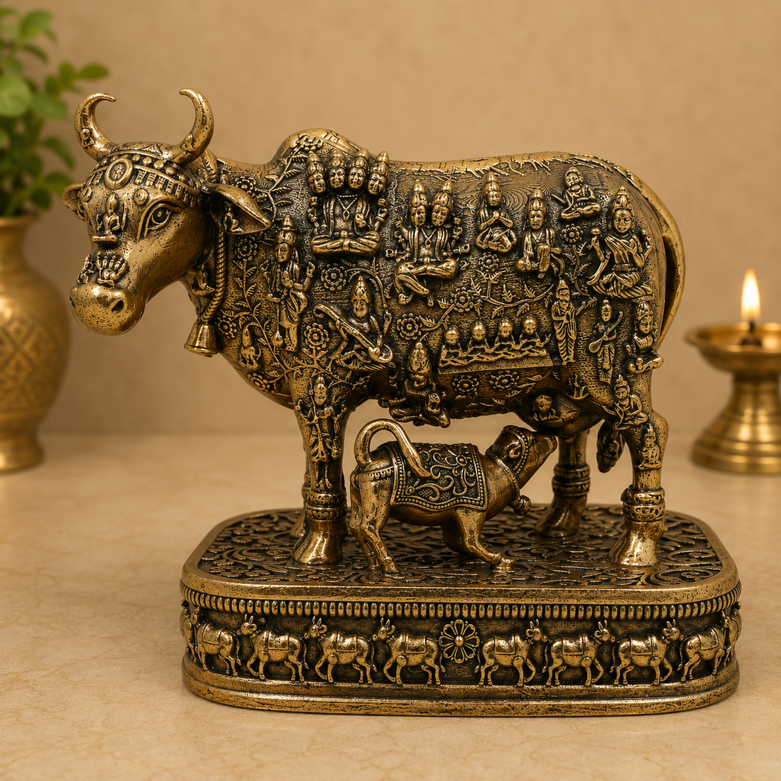 Brass Kamadhenu Idol – Surabhi Cow (Gau Mata) Murti, Handcrafted Divine Cow for Puja, Home &amp; Temple Décor 4.5 Inch