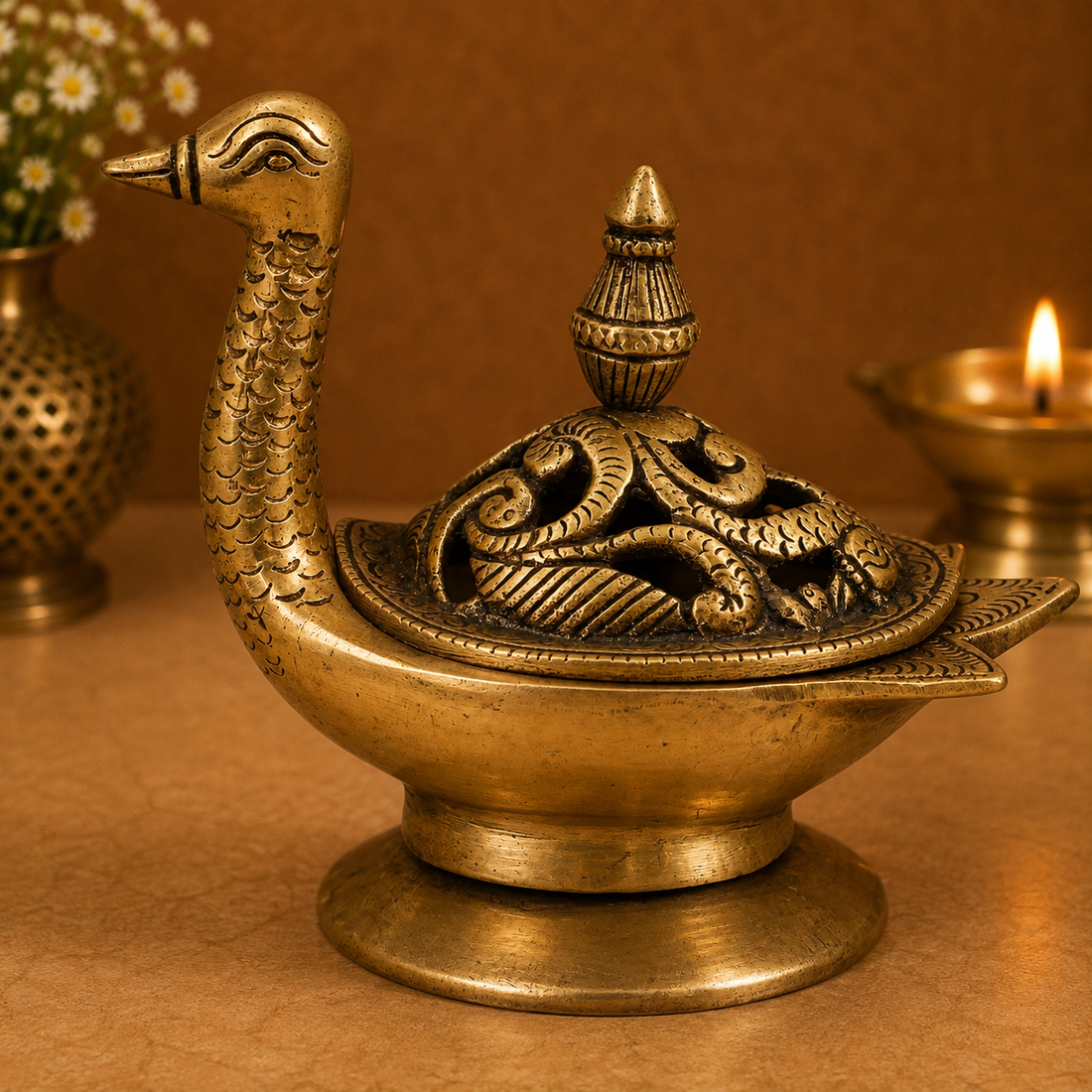 Handcrafted Brass Unique Peacock Dhoop Dani 5 Inch