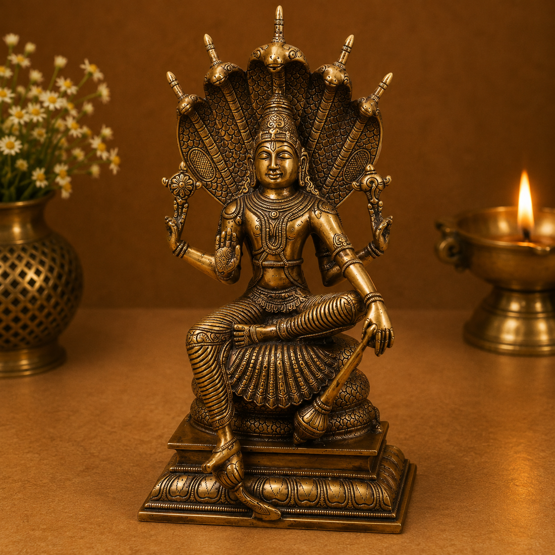 Brass Vishnu on Sheshnag Idol – Traditional Chola Perumal Lord Narayana Murti (Hari) for Puja, Home Mandir &amp; Spiritual Décor 16.5 Inch