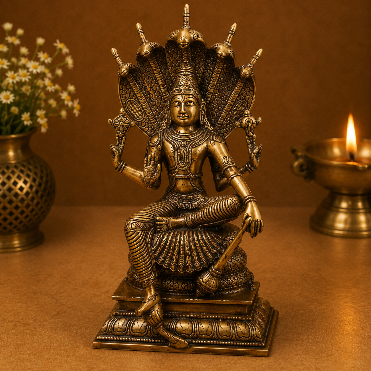 Brass Vishnu on Sheshnag Idol – Traditional - Handcrafted Pooja Decor by The Brasstown