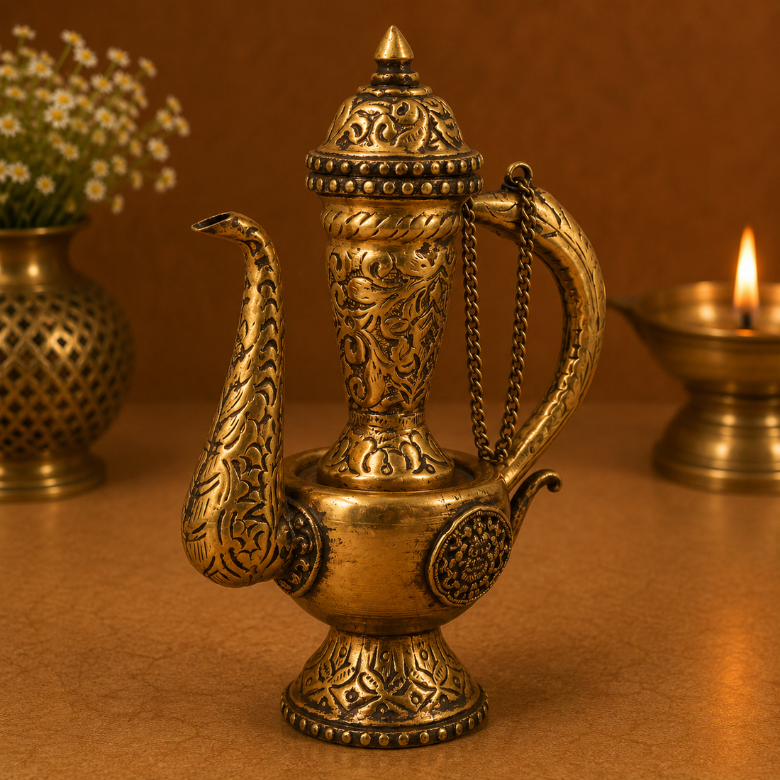 Handcrafted Traditional Brass Kettle Sculpture – Traditional Vintage Style Tea Pot Surahi for Home Décor, Collectibles &amp; Gifting 9 Inch