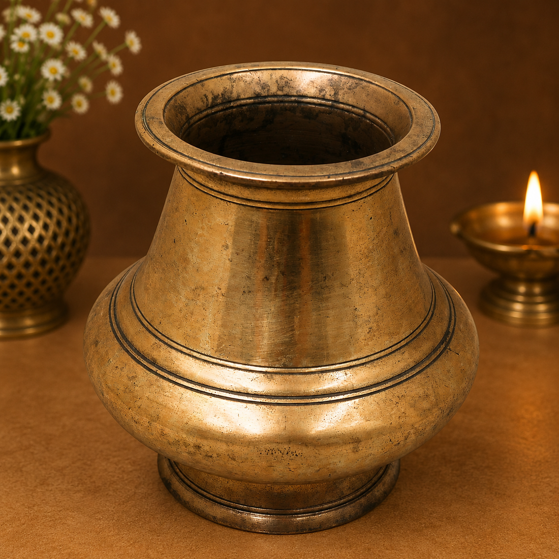 Vintage Brass Lota Kalash for Pooja – Handcrafted Traditional Pital Gangajali Kamandal for Ganga Jal, Hindu Rituals, Home Mandir &amp; Spiritual Gifting 5 Inch