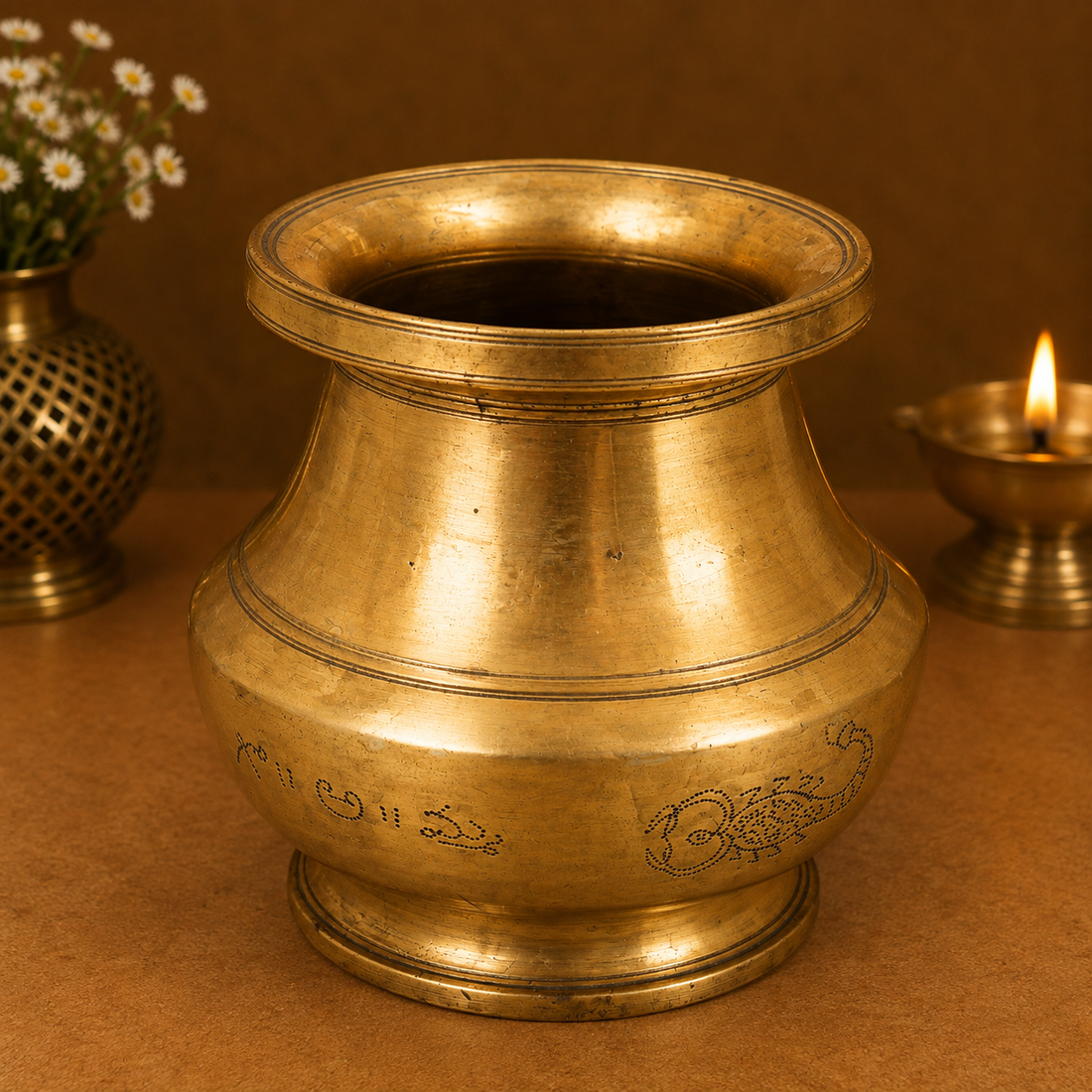Vintage Brass Pooja Kalash - Handcrafted Traditional Pital Gangajali Kamandal for Ganga Jal, Hindu Rituals, Home Mandir &amp; Spiritual Gifting 4.5 Inch