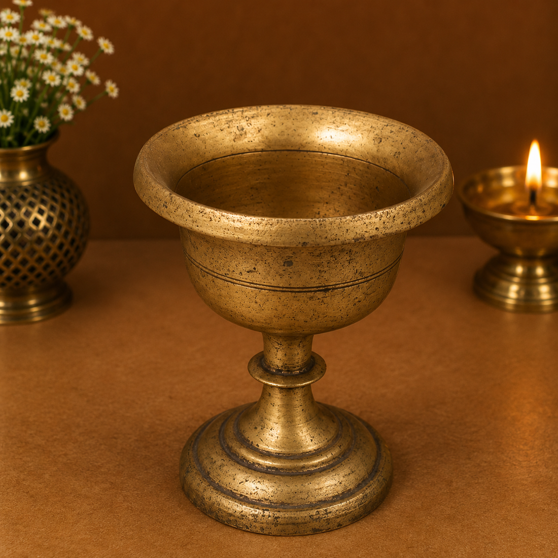Vintage Brass Glass Pot Kalash for Pooja Temple - Handcrafted Traditional Pital Gangajali Kamandal for Ganga Jal, Hindu Rituals, Home Mandir &amp; Spiritual Gifting 4.5 Inch