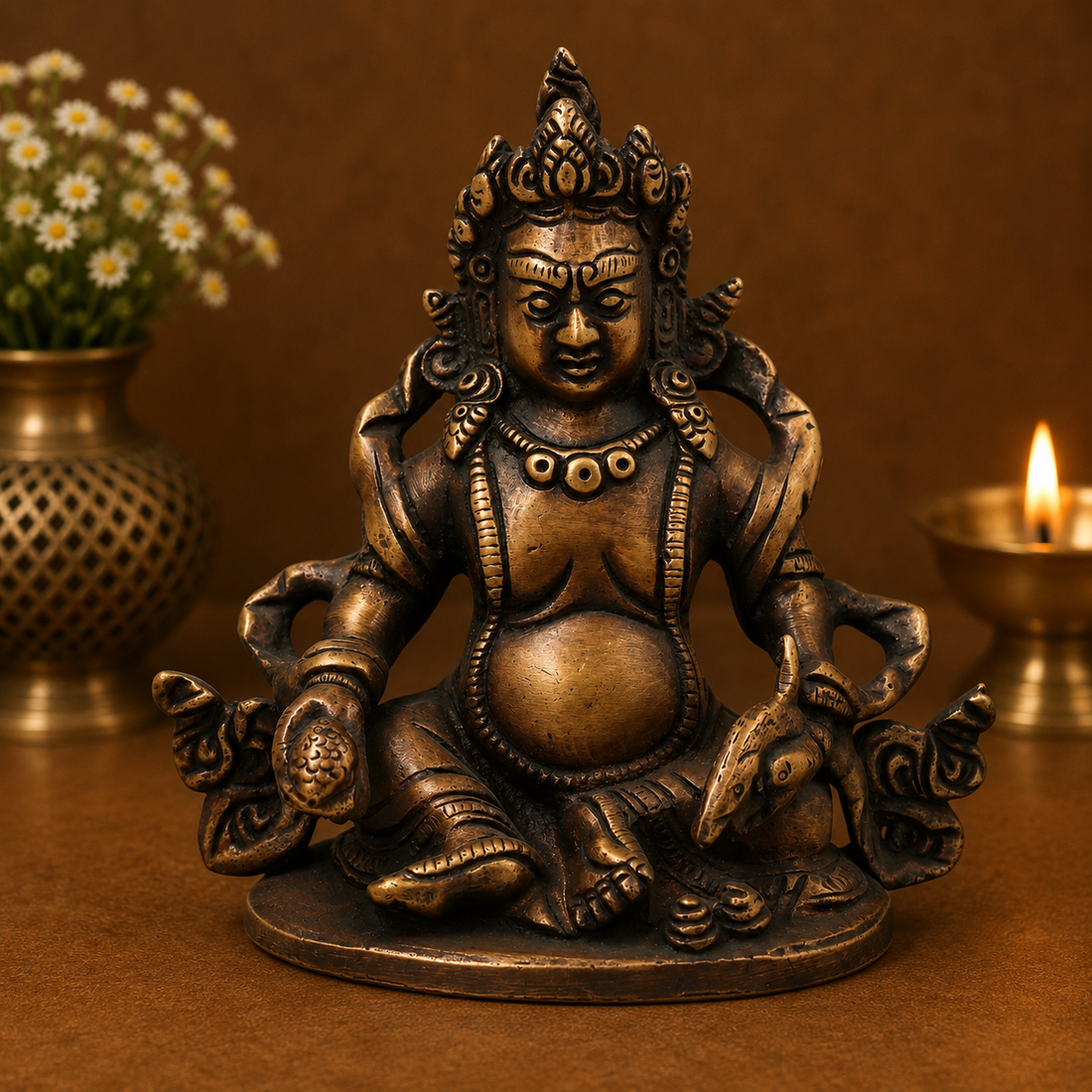 Brass Kubera Idol – Handcrafted Vaishravana Murti for Vastu, Pooja, Home Mandir, Décor &amp; Spiritual Gifting 4.5 Inch