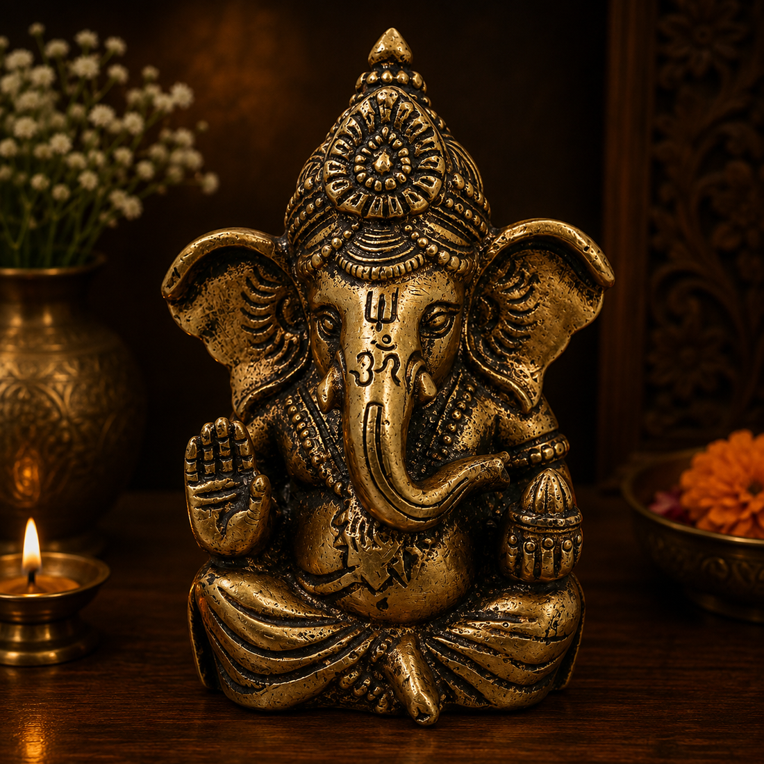Brass Mini Ganapati Vinayaka Idol – Handcrafted Traditional Chola Style Ganesha Murti for Pooja, Home Mandir, Décor &amp; Spiritual Gifting 4 Inch