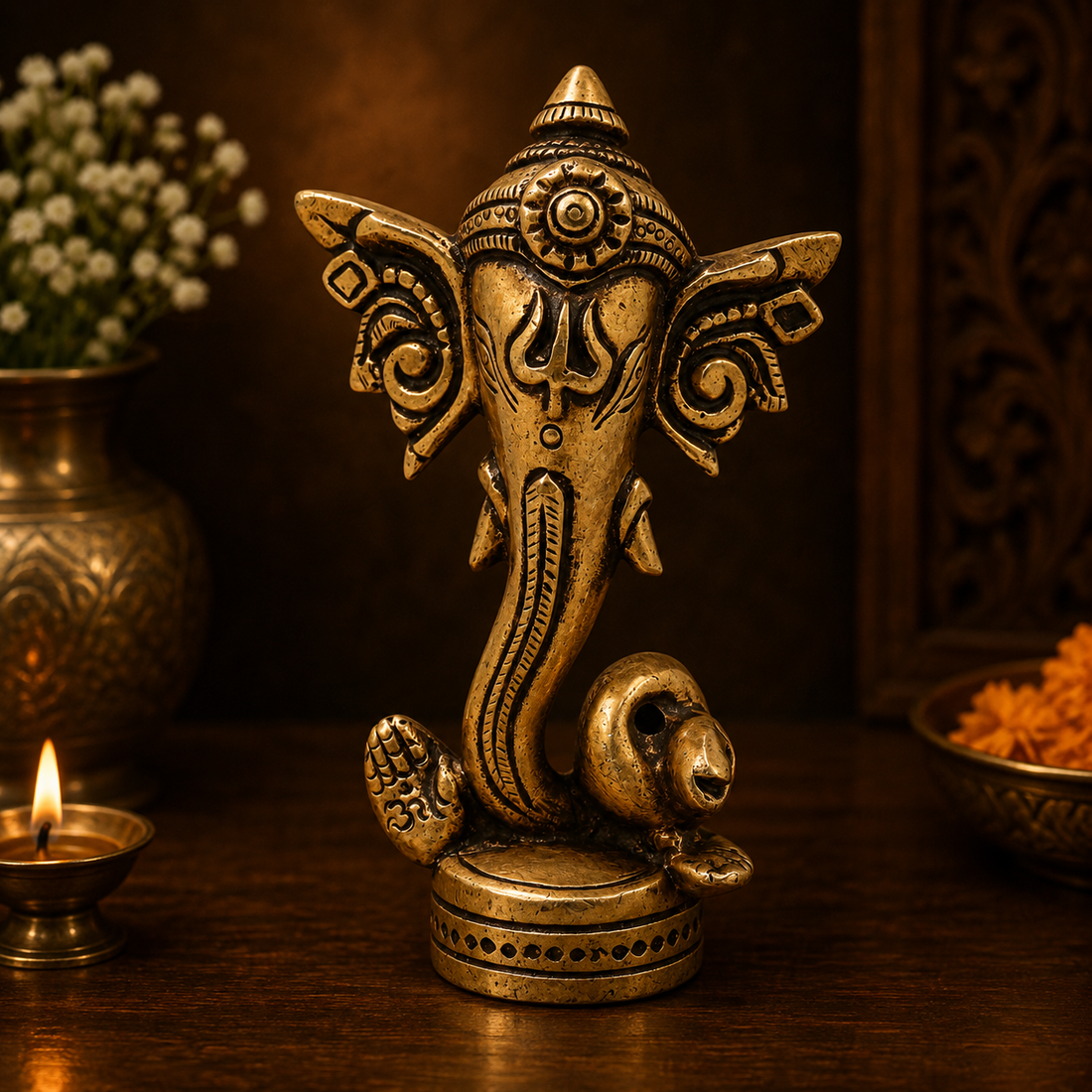 Brass Ganapati Mukh Vinayaka Idol – Handcrafted Traditional Chola Style Ganesha Murti for Pooja, Home Mandir, Décor &amp; Spiritual Gifting 4.5 Inch