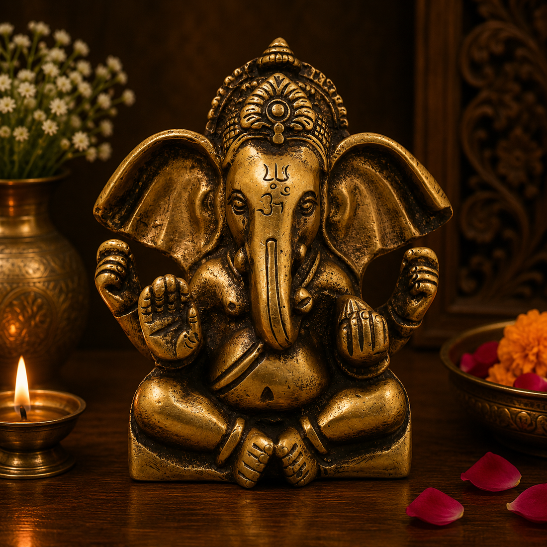 Handcrafted Brass Ganpati Bappa Idol – Ganesha Murti for Puja, Home Mandir &amp; Décor 3.5 Inch