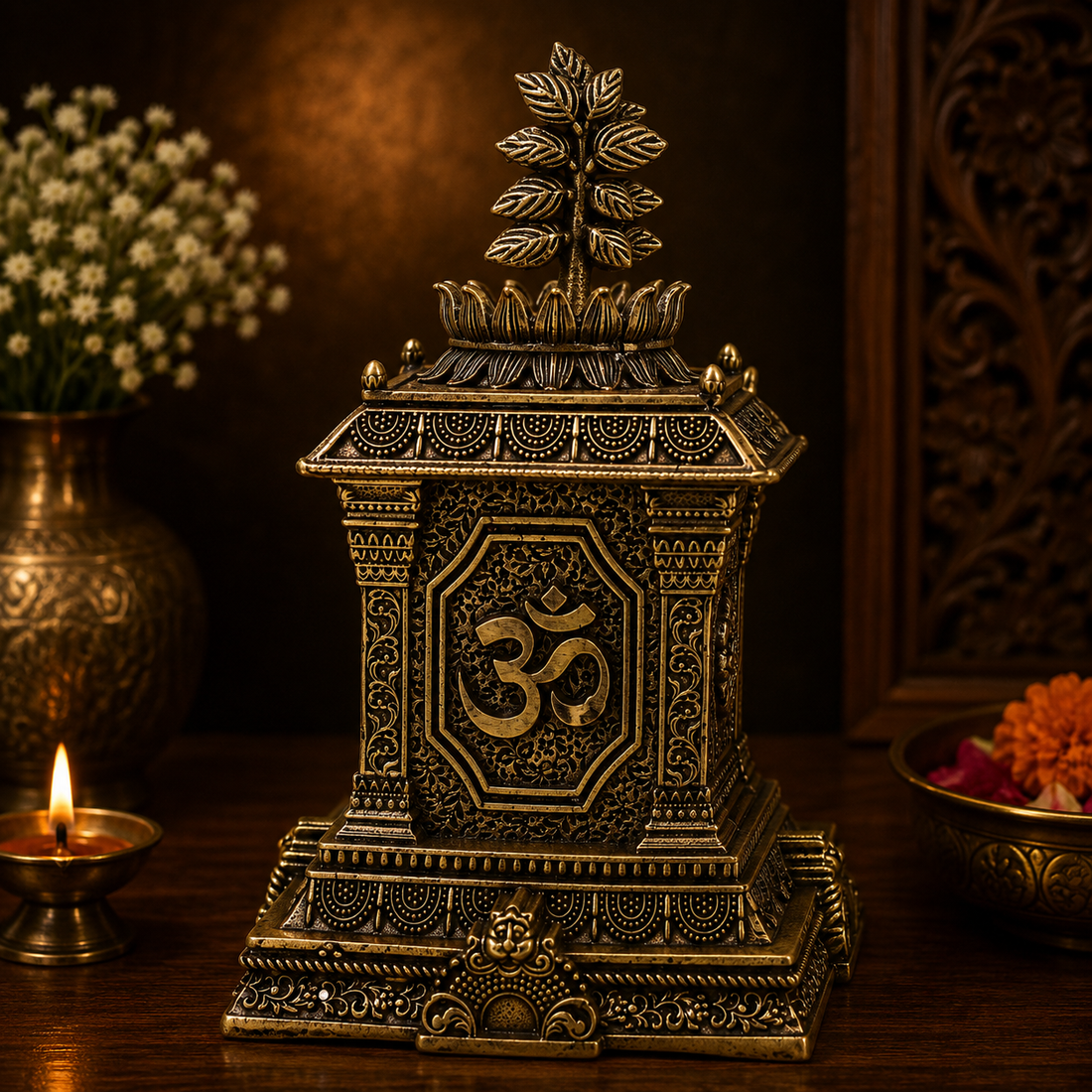 Brass Tulsi Maadam Tulasi Vrindavan – Handcrafted Traditional Tulsi Shrine for Pooja, Home Temple, Spiritual Décor &amp; Gifting 5.5 Inch