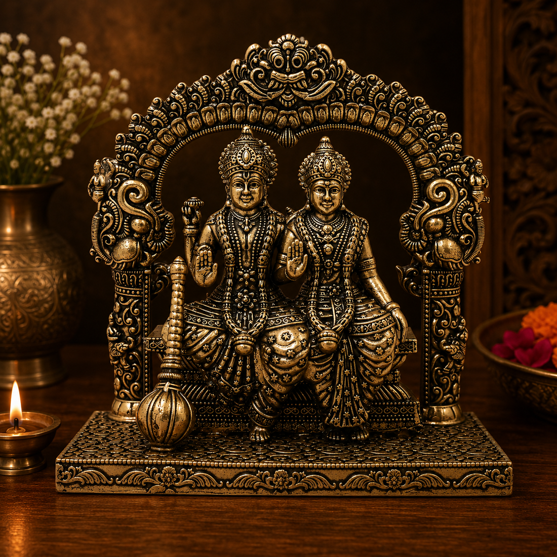 Brass Lord Vishnu and Goddess Lakshmi Idol - Handcrafted Traditional Chola Murti for Pooja Home Decor &amp; Spiritual Gifting 4.5 Inch