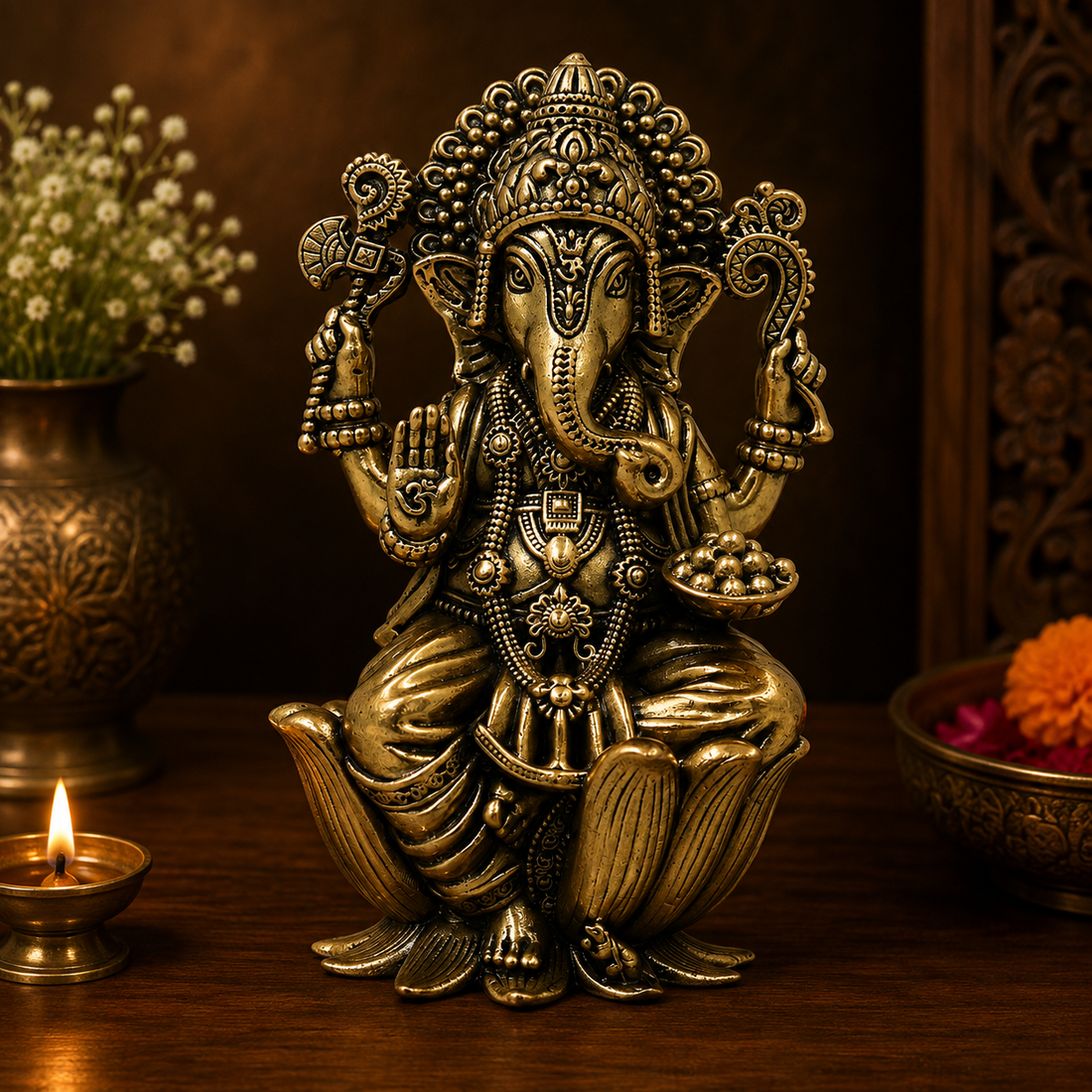 Handcrafted Brass Ganpati Bappa Idol – Unique Lord Ganesha Murti (Vinayaka) for Puja, Home Mandir &amp; Décor 4 Inch