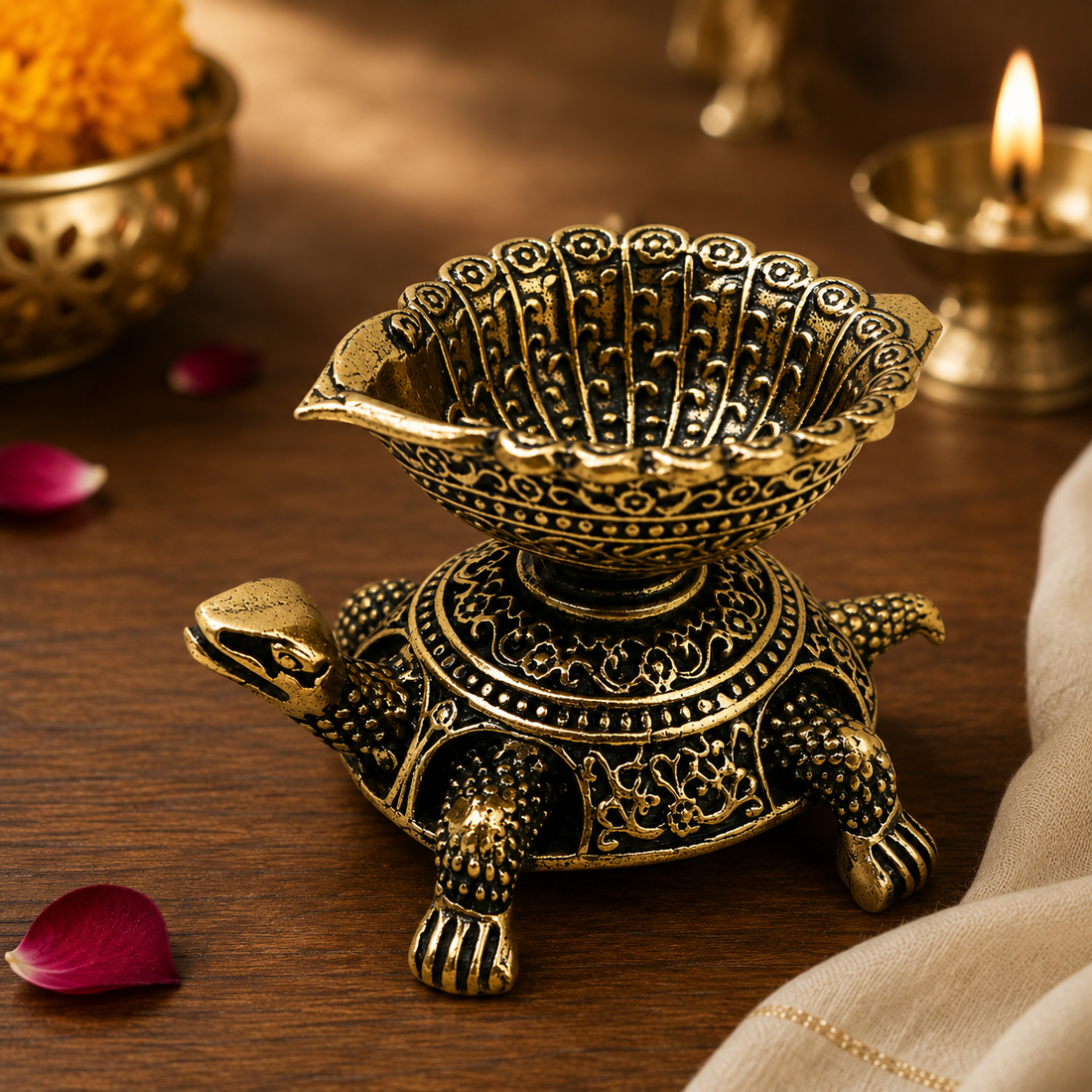 Brass Superfine Designer Tortoise Lamp – Decorative Puja Oil Lamp for Home Mandir &amp; Spiritual Décor 1.5 Inch