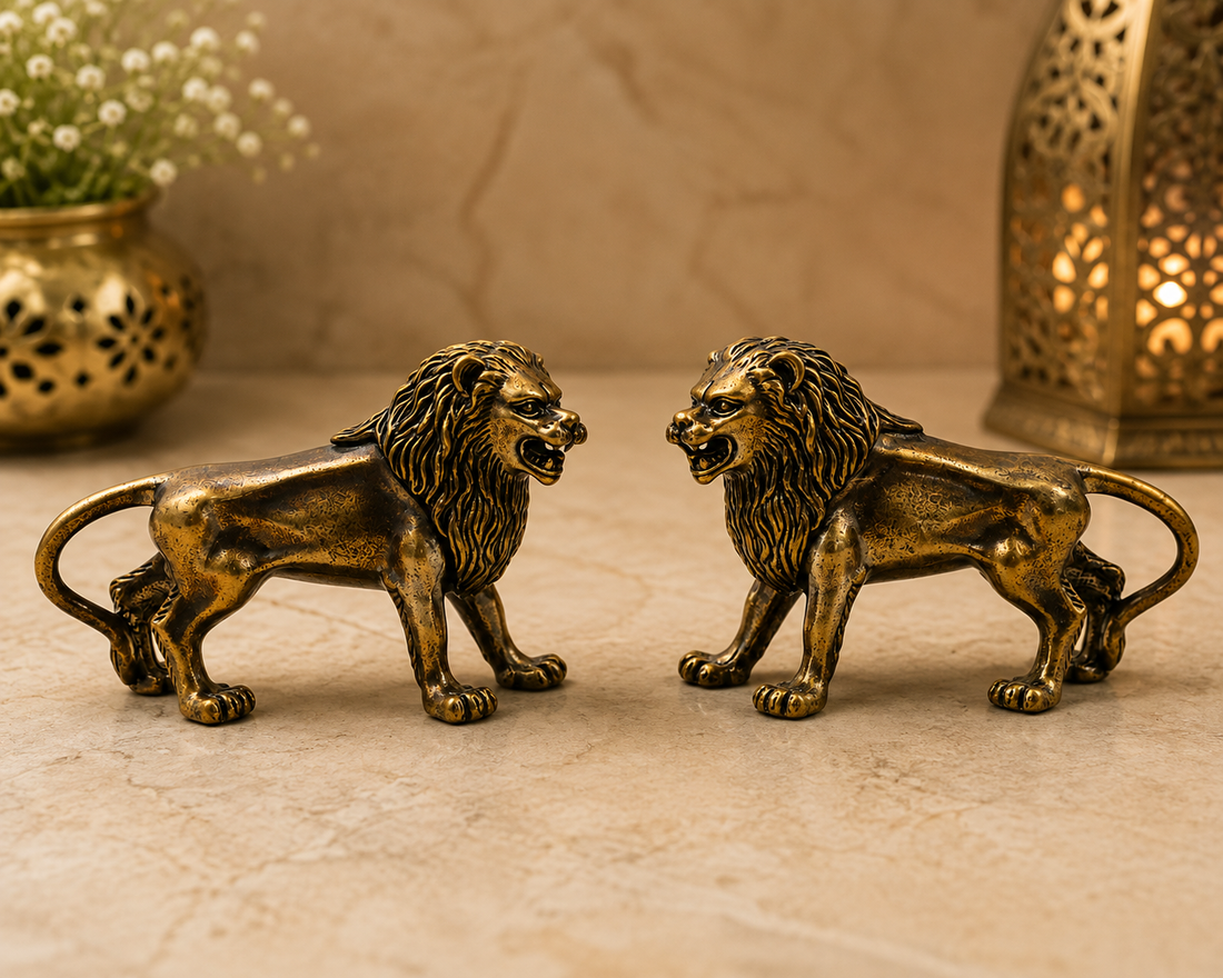 Handcrafted Brass Lion Set of 2 Simha Sculpture - Traditional Handcrafted Vastu Pooja Home Decor Gift Statue 2 Inch