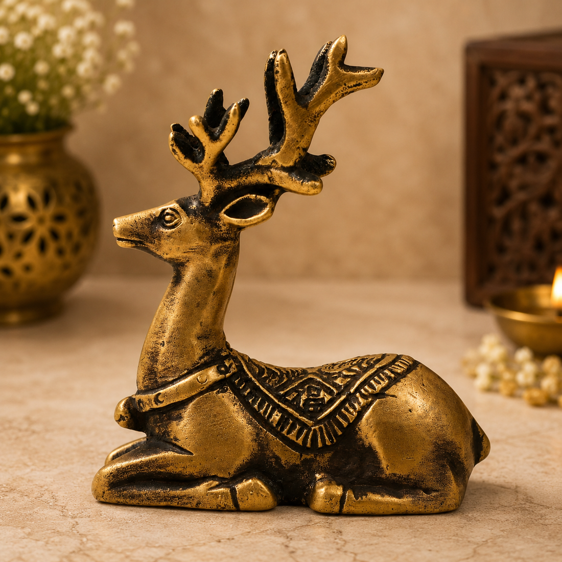 Brass Sitting Deer Idol – Decorative Deer Showpiece for Home, Office &amp; Table Décor 3 Inch