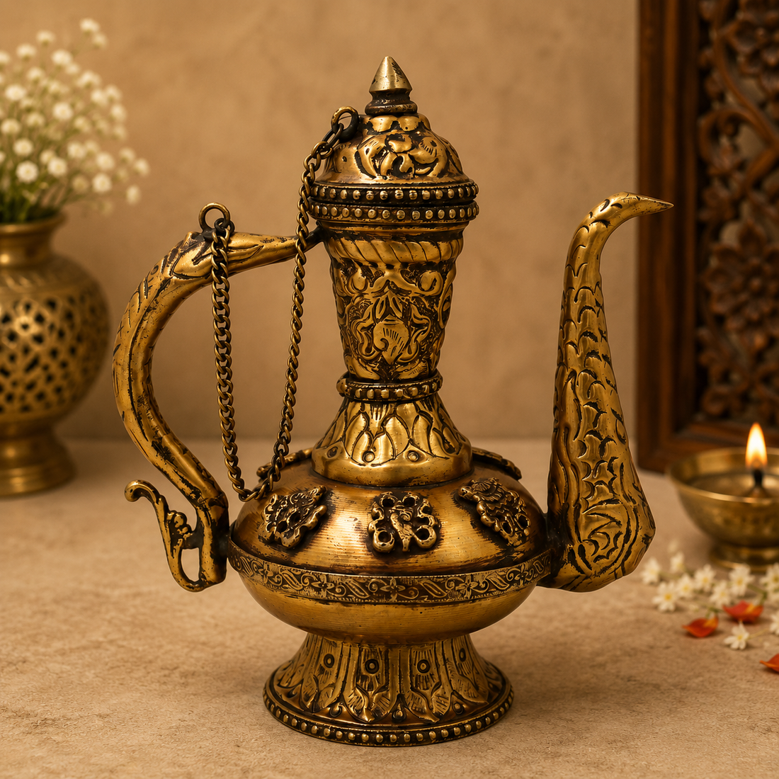 Handmade Brass Peetal Kettle Idol – Traditional Vintage Chola Style Tea Pot Surahi for Home Décor, Collectibles &amp; Gifting 8.5 Inch