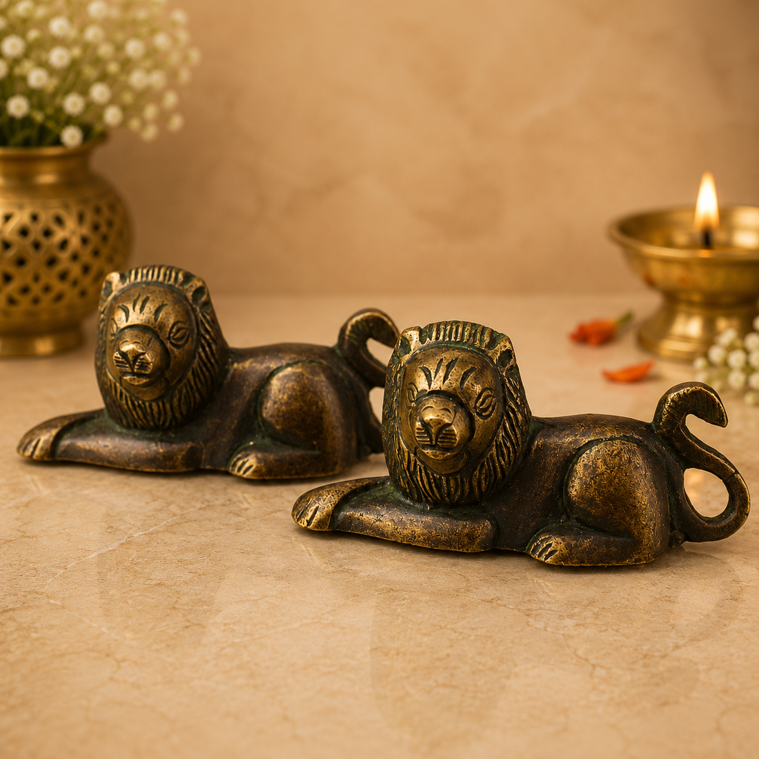Handcrafted Brass Lion Set of 2 Simha Idol - Handcrafted Vastu Pooja Home Decor Gift Statue 1.5 Inch