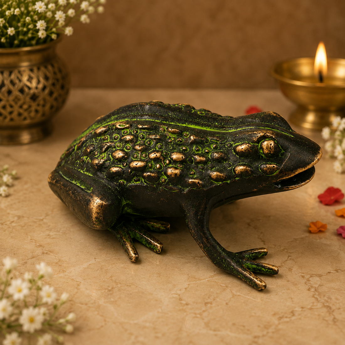 Handcrafted Brass Frog Figurine - Sculpture for Prosperity, Good Luck &amp; Positive Energy Feng Shui Vastu Wealth Figurine 3 Inch
