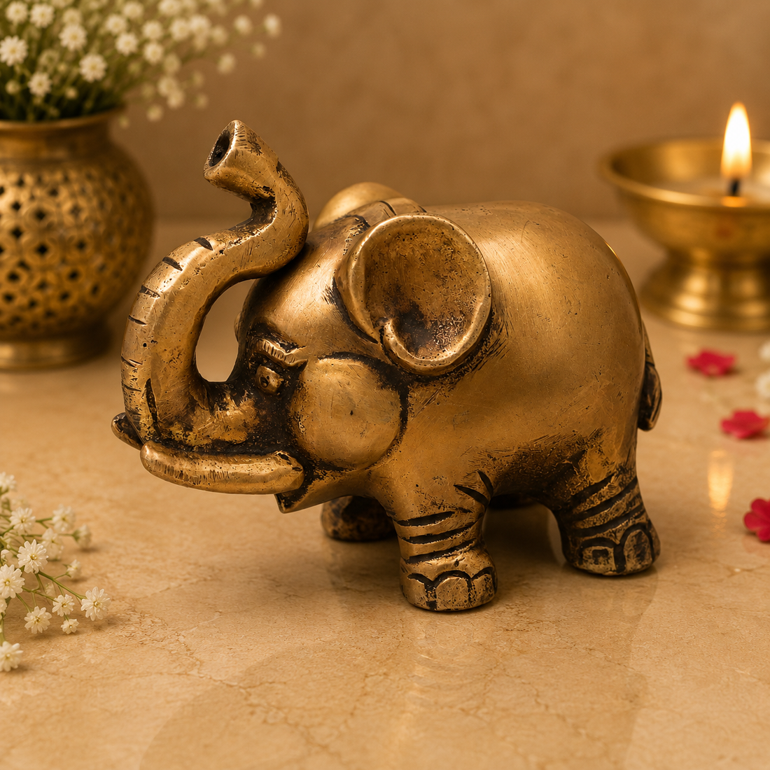 Handcrafted Brass Baby Elephant Idol – Gaja Murti, Hasti, Airavata, Gajanan Decorative Hathi Statue for Home, Temple, Vastu, Feng Shui &amp; Spiritual Gifting 3 Inch