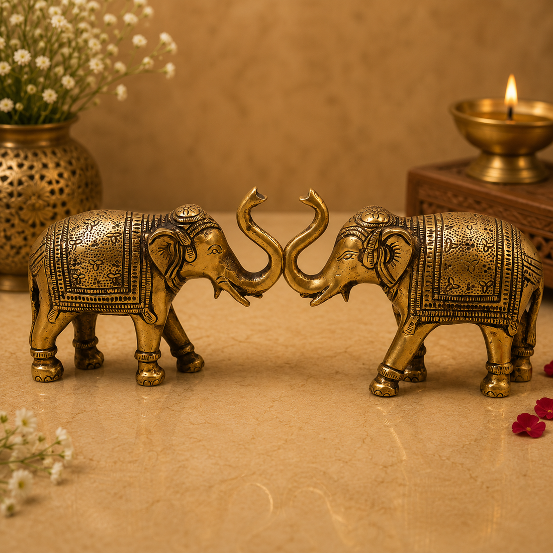Handcrafted Brass Elephant Idol – Gaja Murti, Hasti, Airavata, Gajanan Decorative Hathi Statue for Home, Temple, Vastu, Feng Shui &amp; Spiritual Gifting (Set of 2) 3.5 Inch