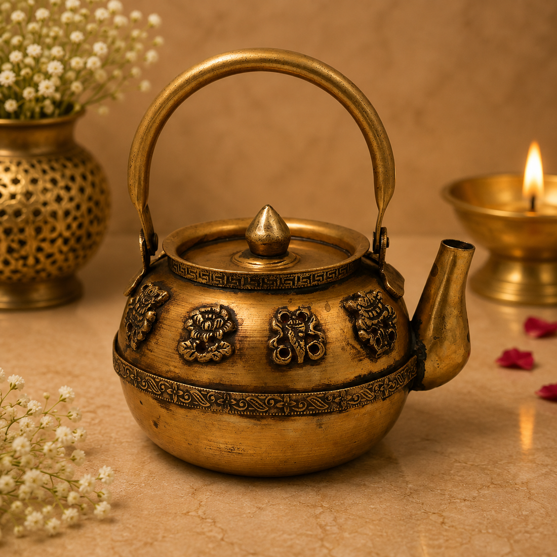 Brass Peetal Kettle Idol – Traditional Vintage Tea Pot Surahi for Home Décor, Collectibles &amp; Gifting  7 Inch