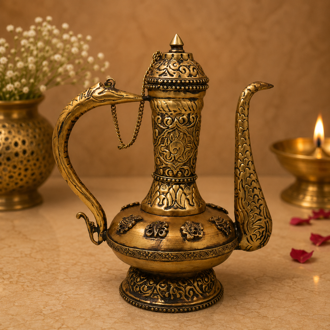 Handmade Brass Kettle Idol – Traditional Vintage Style Tea Pot Surahi for Home Décor, Collectibles &amp; Gifting 9.5 Inch