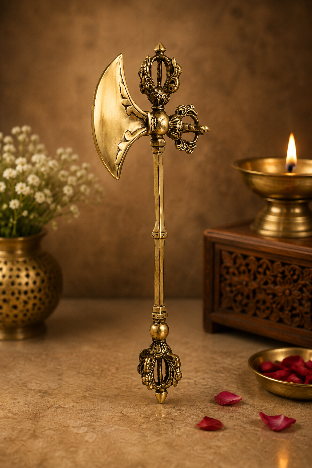 Brass Dorje Axe With Vajra Vajrayudha Idol – Traditional Hindu Weapon Symbol Sculpture for Home Temple 13 Inch