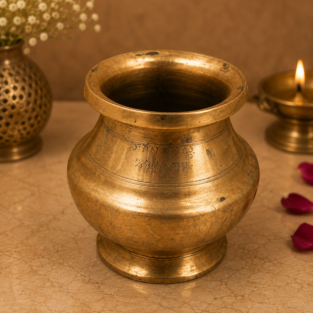 Handcrafted Brass Vintage Lota Kalash For Pooja – Traditional Pital Gangajali Kamandal for Puja, Ganga Jal Storage, Rishi Muni Kalash &amp; Hindu Rituals 5 Inch