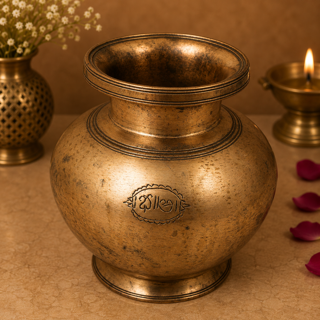 Handcrafted Brass Vintage Chambu Lota Kalash For Pooja – Traditional Pital Gangajali Kamandal for Puja, Ganga Jal Storage, Rishi Muni Kalash &amp; Hindu Rituals 6 Inch