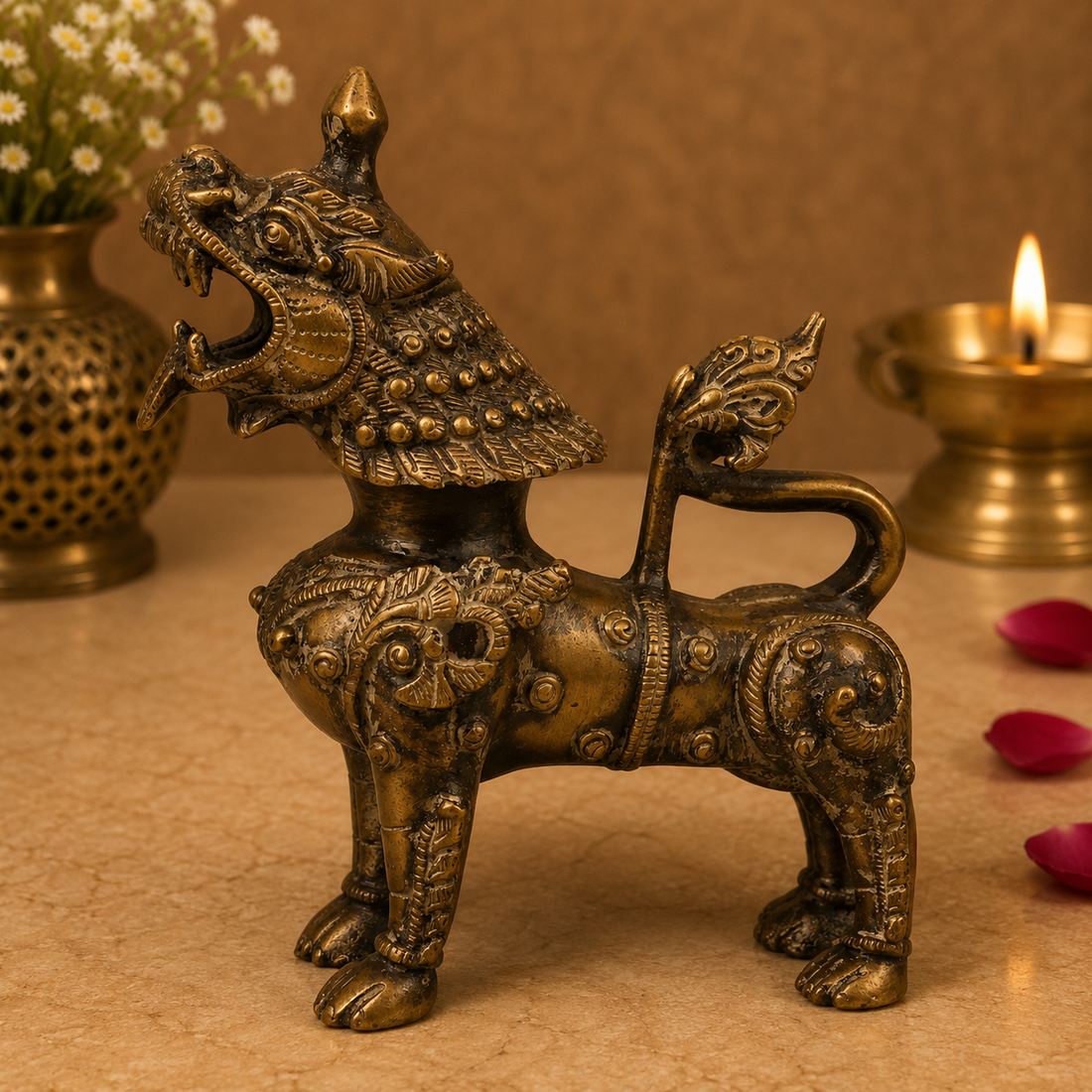Handcrafted Brass Singha Statue - Feng Shui Lion, Peetal Lion Sculpture for Home &amp; Office Decor 7 Inch