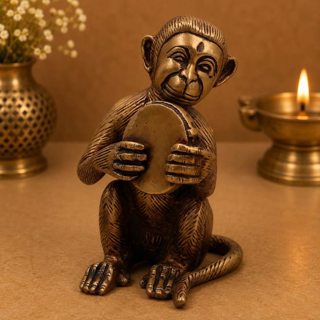 Handcrafted Brass Monkeys Idol – Vanar Murt for Home Décor, Office Desk &amp; Gifting 7 Inch