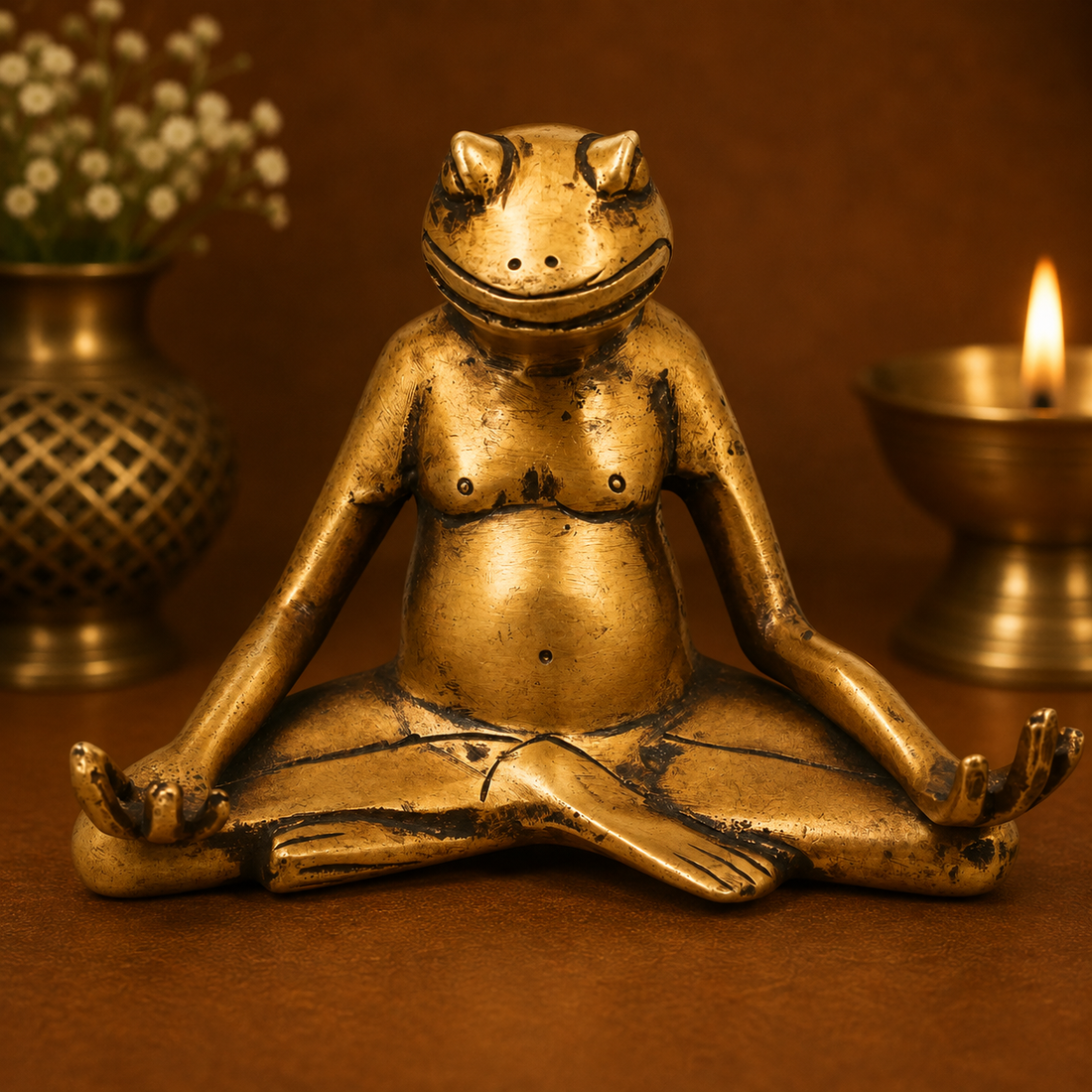 Brass Yoga Frog Sculpture – Handcrafted Meditating Frog Figurine for Yoga, Home Décor, Office Desk, Vastu &amp; Gifting 3.5 Inch