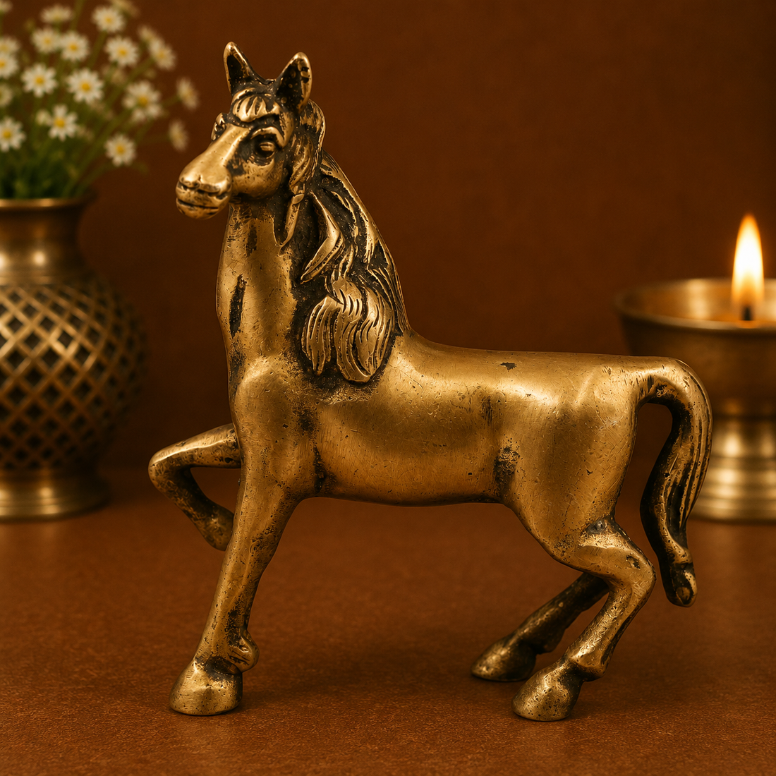 Unique Handcrafted Brass Horse Sculpture – Antique Peetal Ashva (Horse) Statue for Home, Office &amp; Table Décor 4 Inch