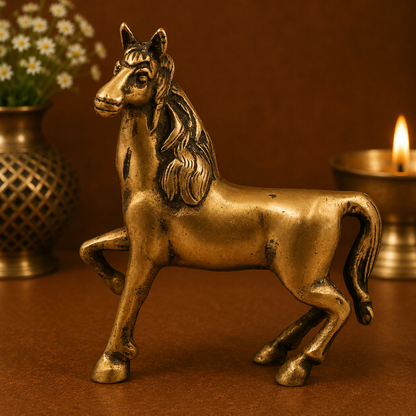 Brass Horse Sculpture – Antique Peetal Ashva - Handcrafted Pooja Decor by The Brasstown