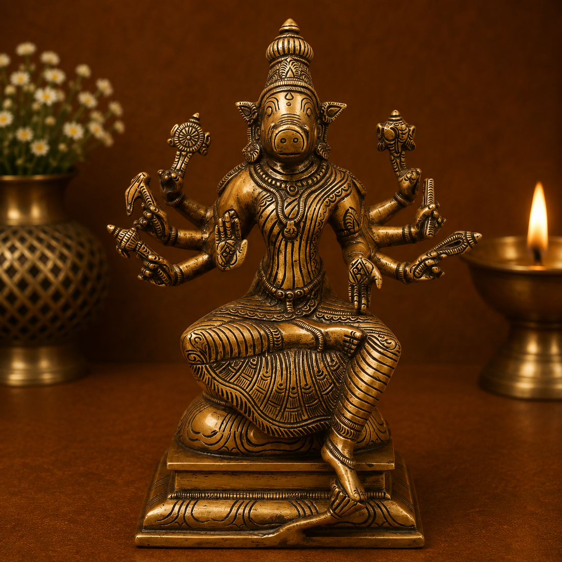 Brass Varahi Devi Idol – Handcrafted Traditional Chola Style Varahi Amman Murti for Pooja, Home Mandir, Spiritual Décor &amp; Gifting 10.5 Inch