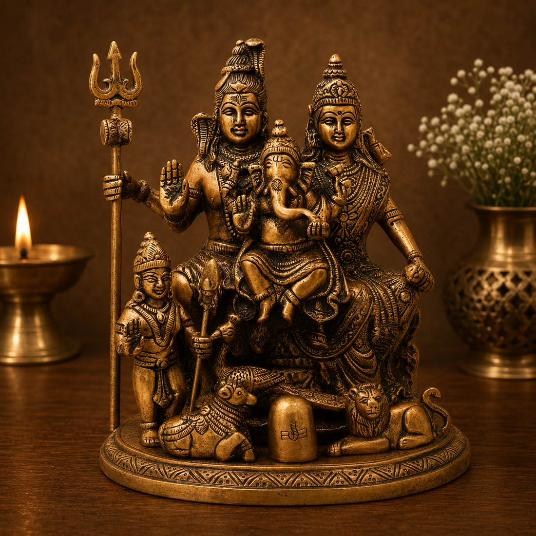 Unique chola Style Brass Shiv Parivar Idol with Nandi – Fine Golden Work Divine Family Statue for Puja &amp; Home Mandir 10 Inch