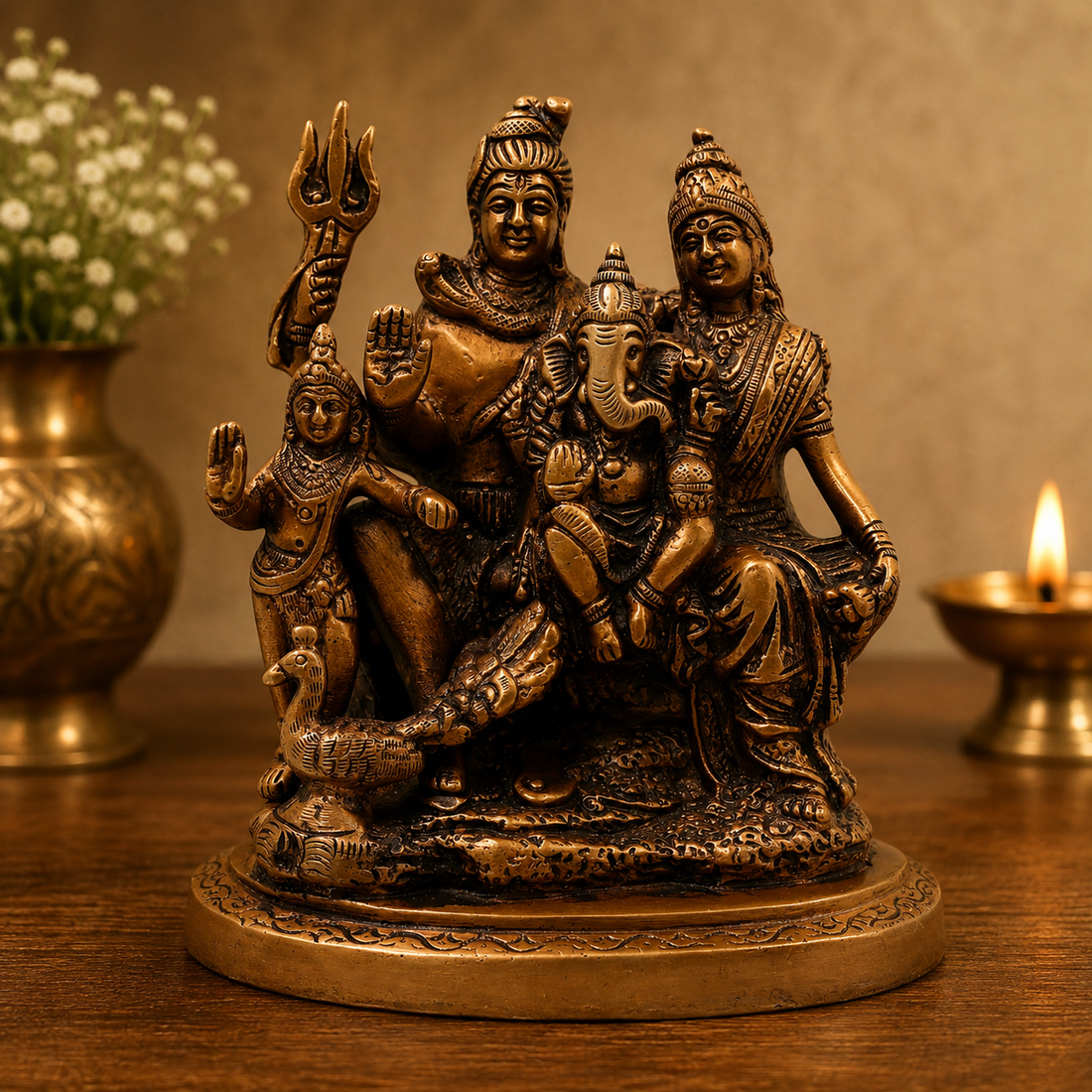 Unique chola Style Brass Shiv Parivar Idol – Fine Golden Work Divine Family Statue for Puja &amp; Home Mandir 6.5 Inch