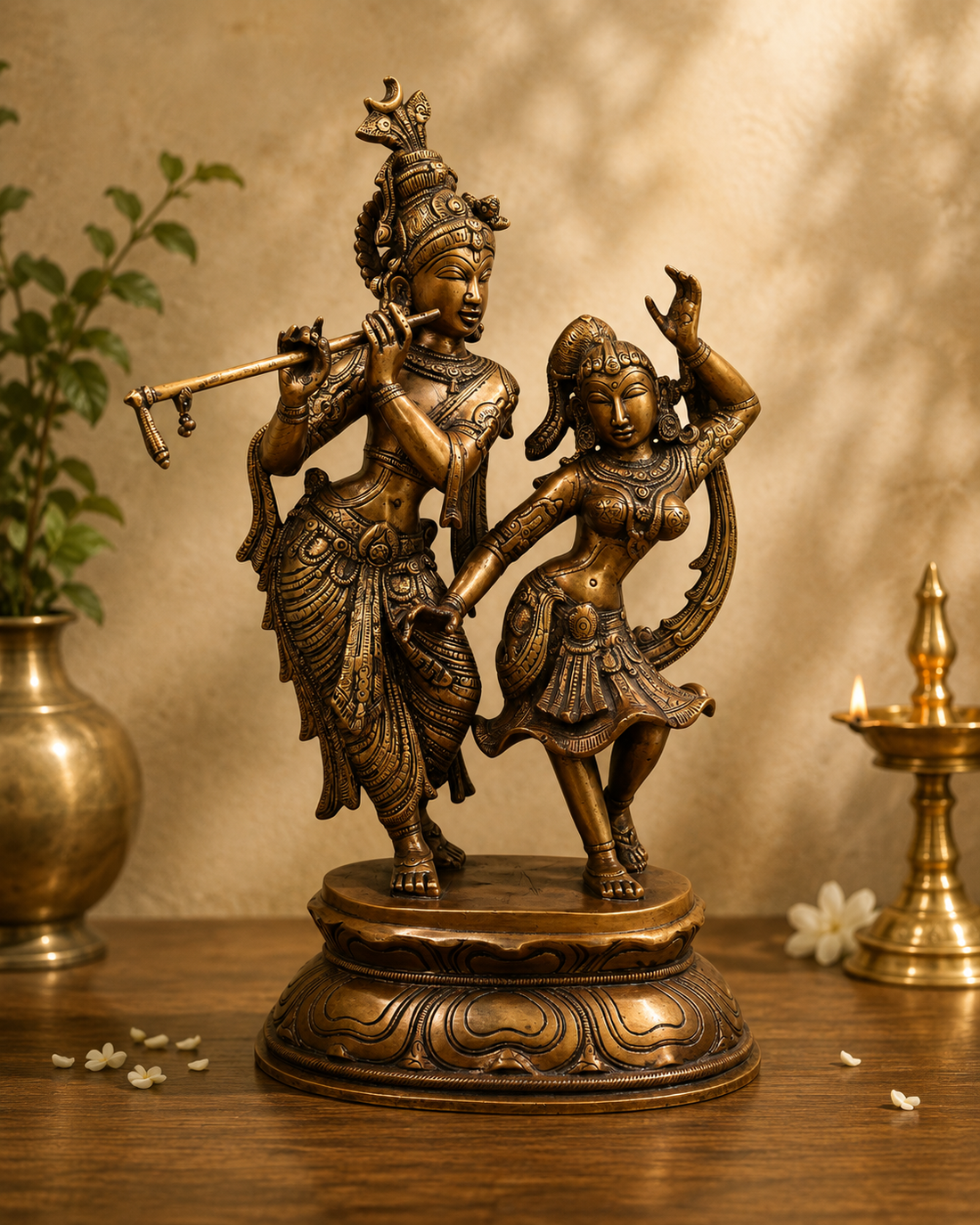 Brass Radha Krishna Idol Murti – Fine Finish Divine Chola Style Krishna Statue for Puja &amp; Home Décor 17 Inch