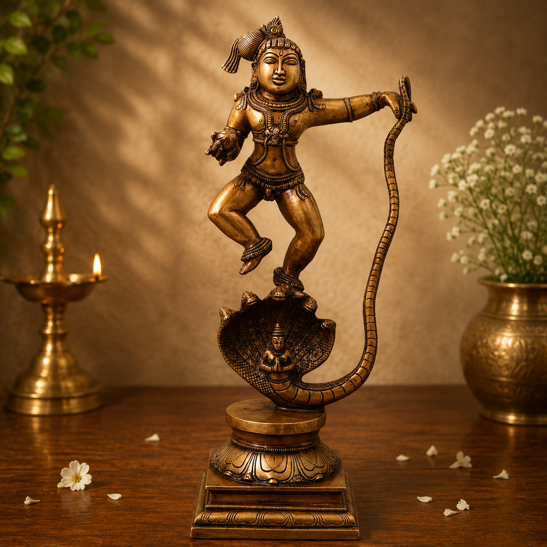 Brass Kaliya Daman Bala Krishna Idol – Handcrafted Chola Style Kaliya Daman Govinda Murti for Pooja, Home Mandir, Décor &amp; Spiritual Gifting 19 Inch