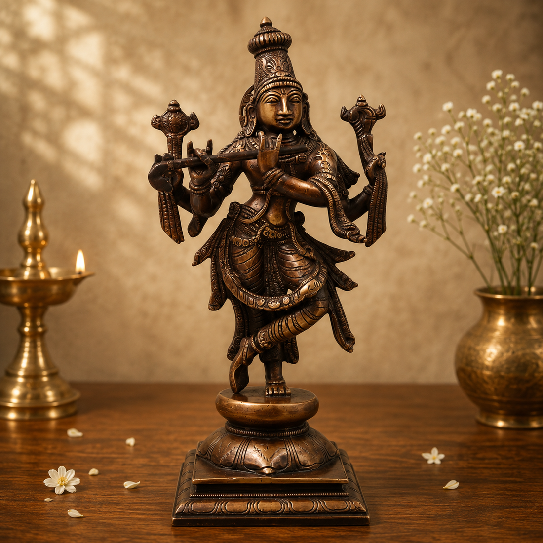 Brass Chaturbhuja Krishna Idol – Handcrafted Chola Style Kaliya Daman Govinda Murti for Pooja, Home Mandir, Décor &amp; Spiritual Gifting 12.5 Inch