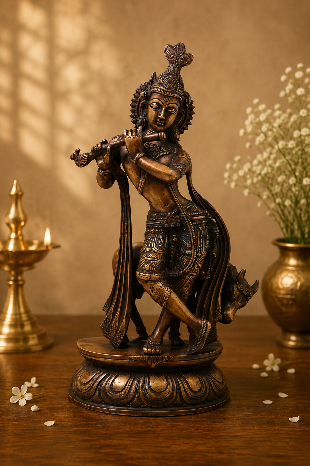 Brass Gopala Krishna with Cow Statue – Handcrafted Chola Style Kaliya Daman Govinda Murti for Pooja, Home Mandir, Décor &amp; Spiritual Gifting 14 Inch