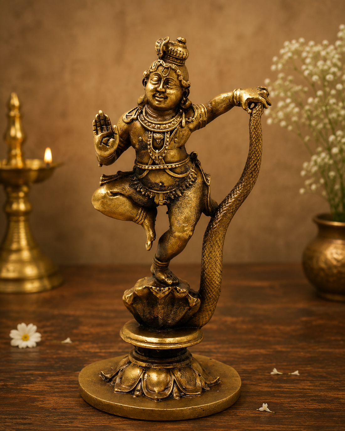 Brass Kaliya Mardana Krishna Idol – Handcrafted Chola Style Kaliya Daman Govinda Murti for Pooja, Home Mandir, Décor &amp; Spiritual Gifting 5.5 Inch