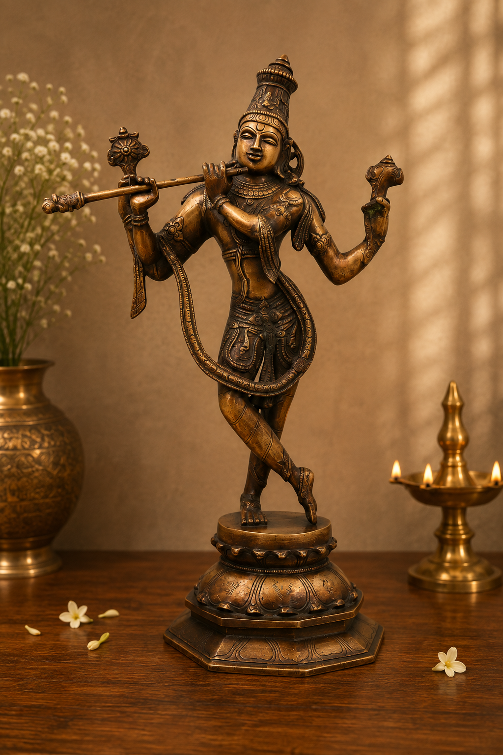 Brass Venugopala Lord Krishna Idol – Handcrafted Chola Style Kaliya Daman Govinda Murti for Pooja, Home Mandir, Décor &amp; Spiritual Gifting 18.5 Inch
