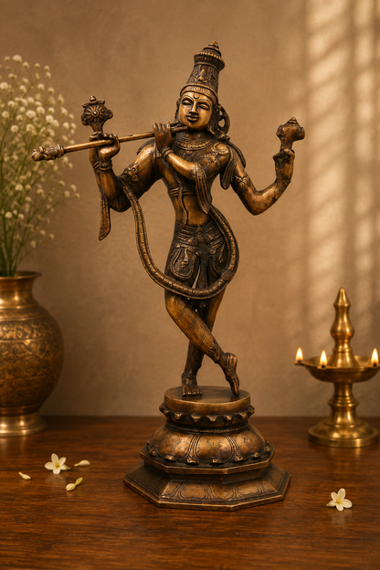 Brass Venugopala Lord Krishna Idol – Handcrafted - Handcrafted Pooja Decor by The Brasstown