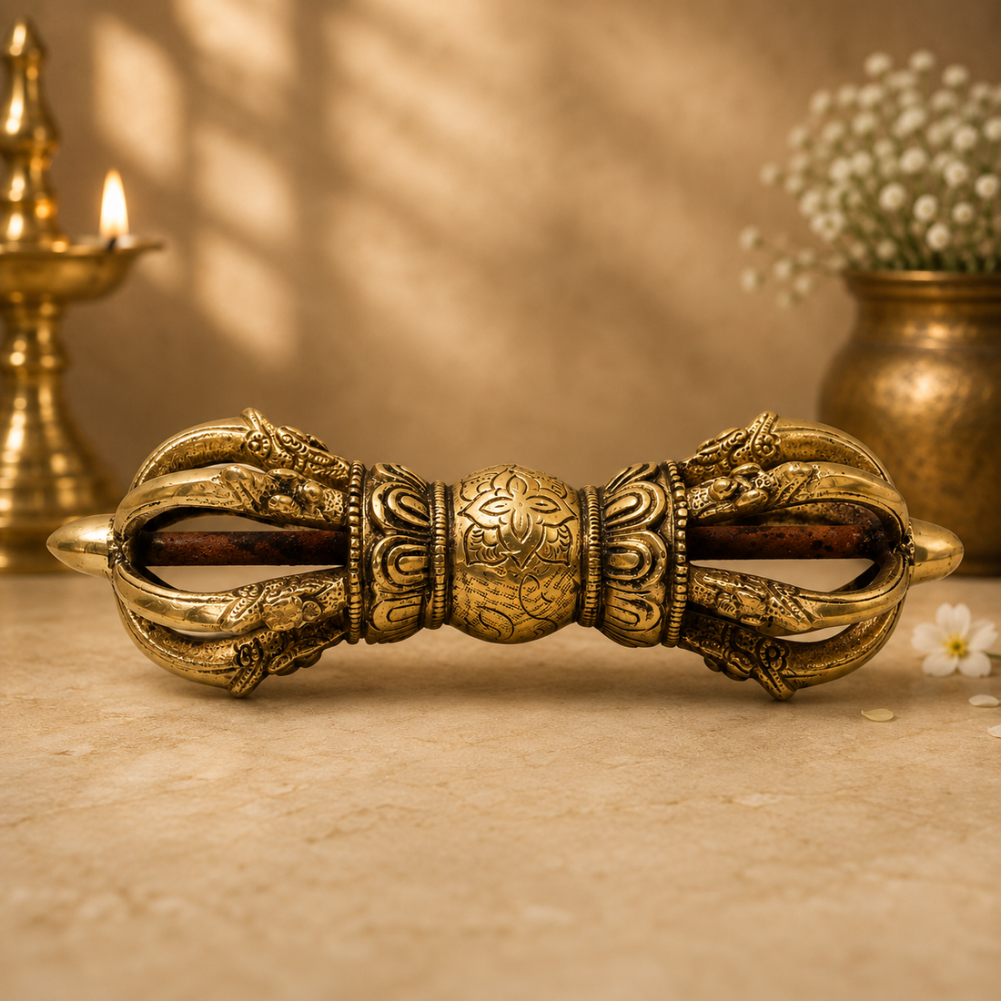 Brass Dorje / Vajra Idol – Tibetan Thunderbolt Scepter for Puja &amp; Spiritual Décor 3 Inch