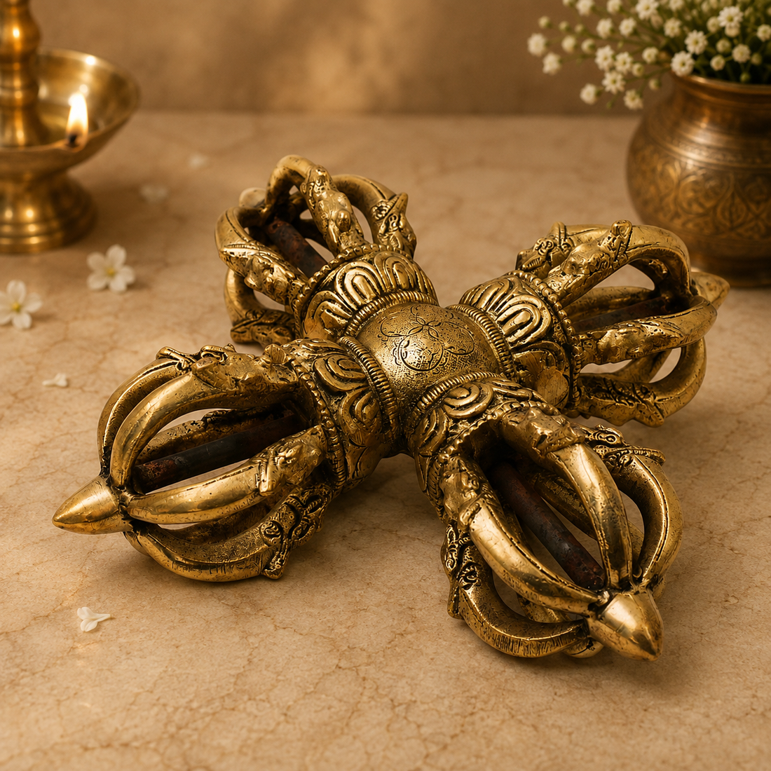 Brass Double Dorje / Vajra Idol – Tibetan Thunderbolt Scepter for Puja &amp; Spiritual Décor 3 Inch