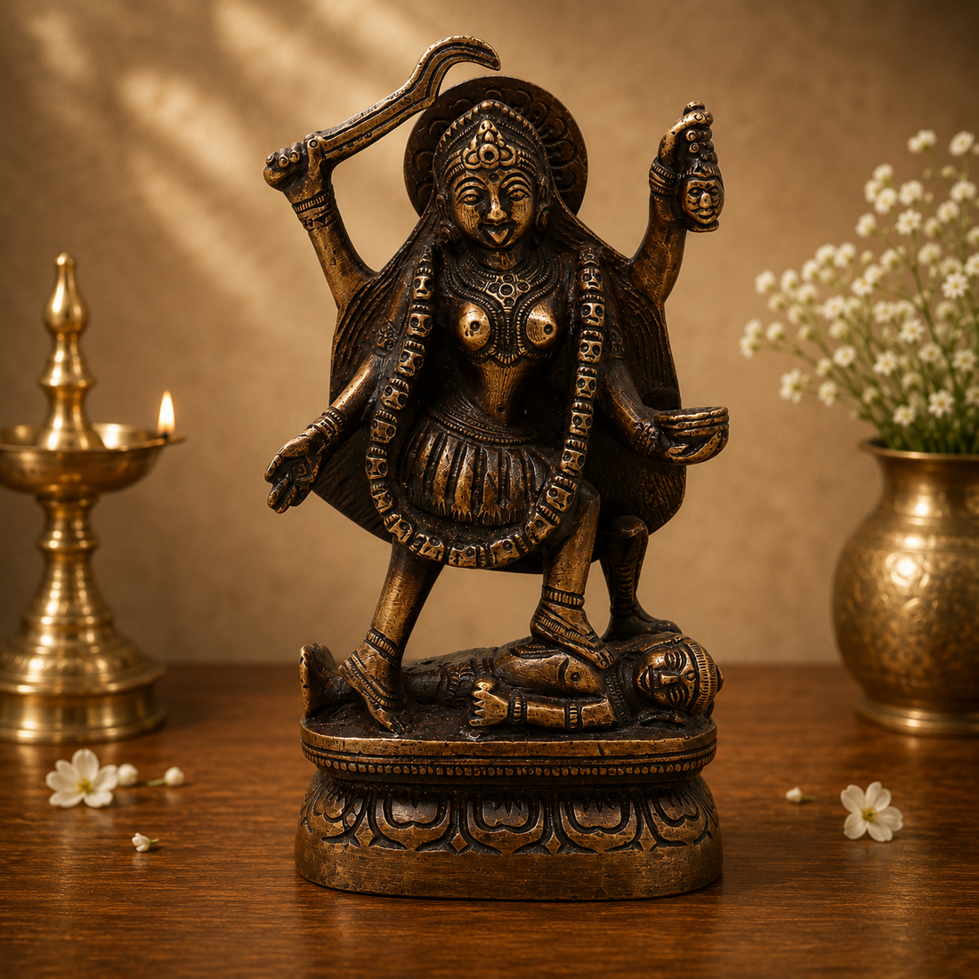 Unique Traditional Brass Mahakali Statue Murti – Unique Chola Style Kali Mata Statue for Pooja, Home Mandir, Spiritual Décor &amp; Gifting 10 Inch