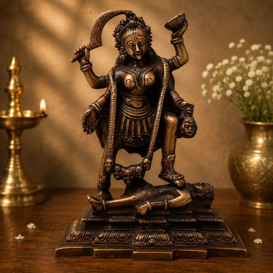 Unique Brass Mahakali Idol Murti – Unique Chola Style Kali Mata Statue for Pooja, Home Mandir, Spiritual Décor &amp; Gifting 7.5 Inch