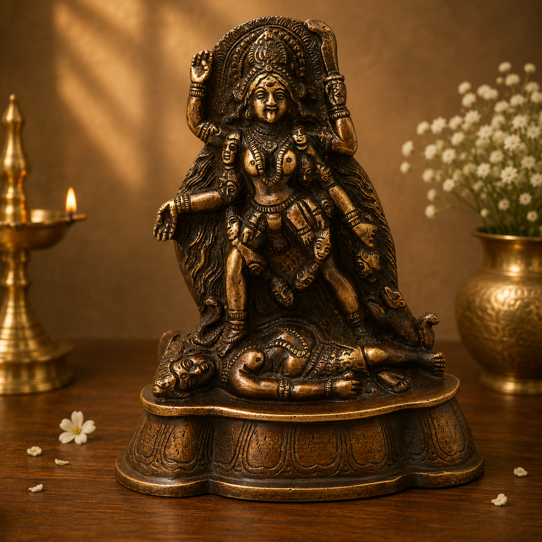 Brass Mahakali Idol Murti – Traditional Chola Style Kali Mata Statue for Pooja, Home Mandir, Spiritual Décor &amp; Gifting 7 Inch