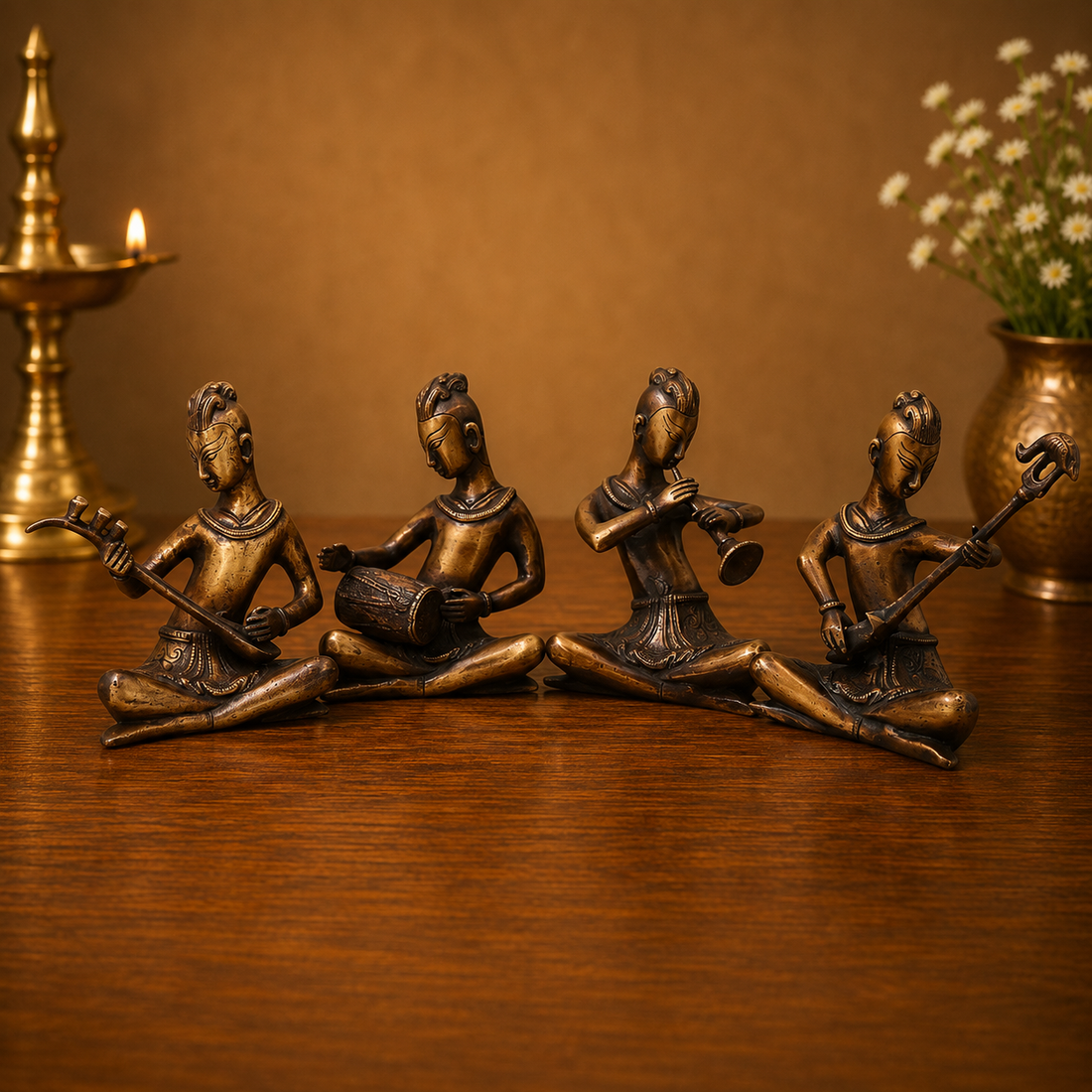 Handcrafted Brass Musician Sculpture Set of 4 – Brass Musical Figurines Orchestra Sculpture for Home Décor &amp; Luxury Gifting 6.5 Inch